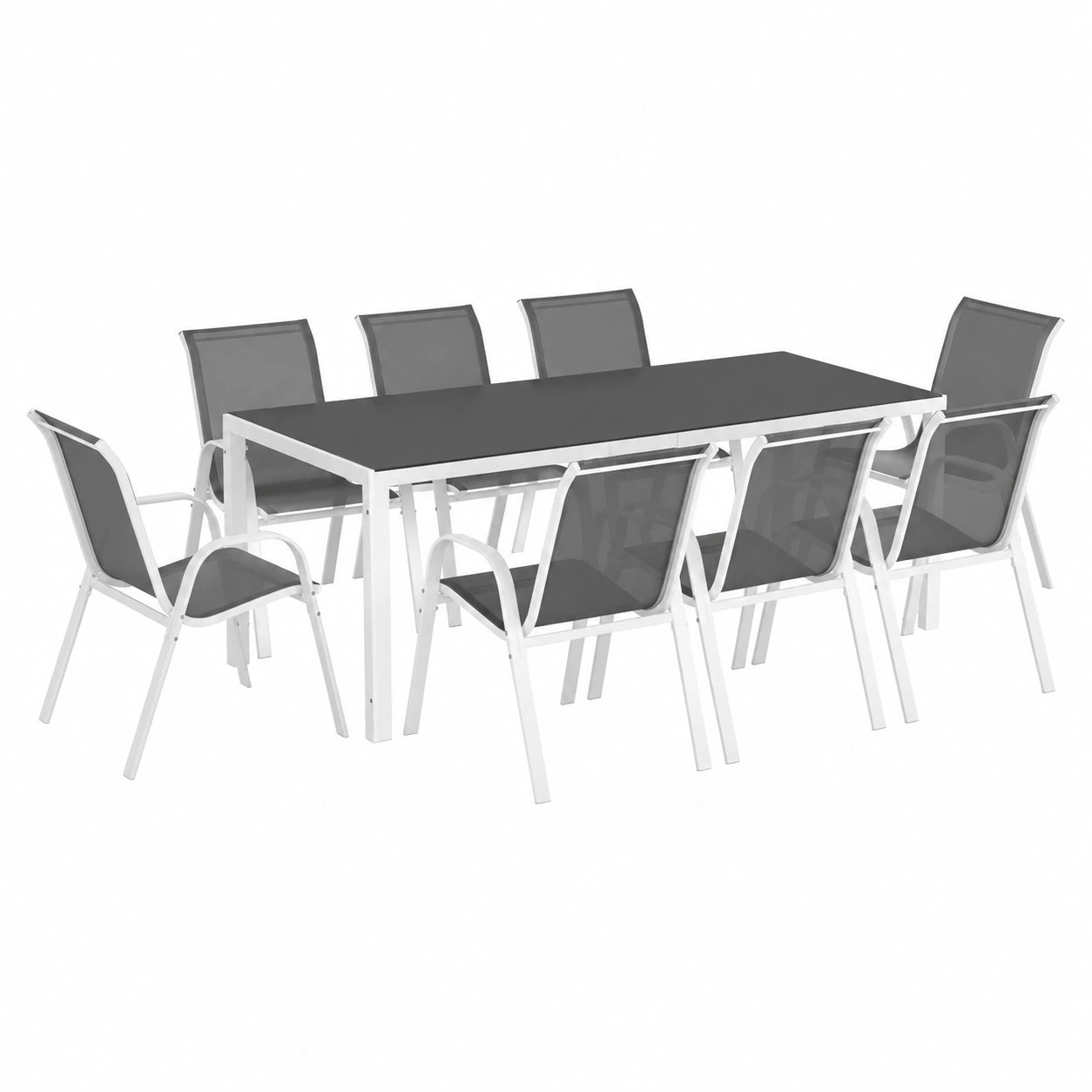Salon de jardin, avec 8 chaises, coloris blanc et gris, pour la terrasse ou le jardin