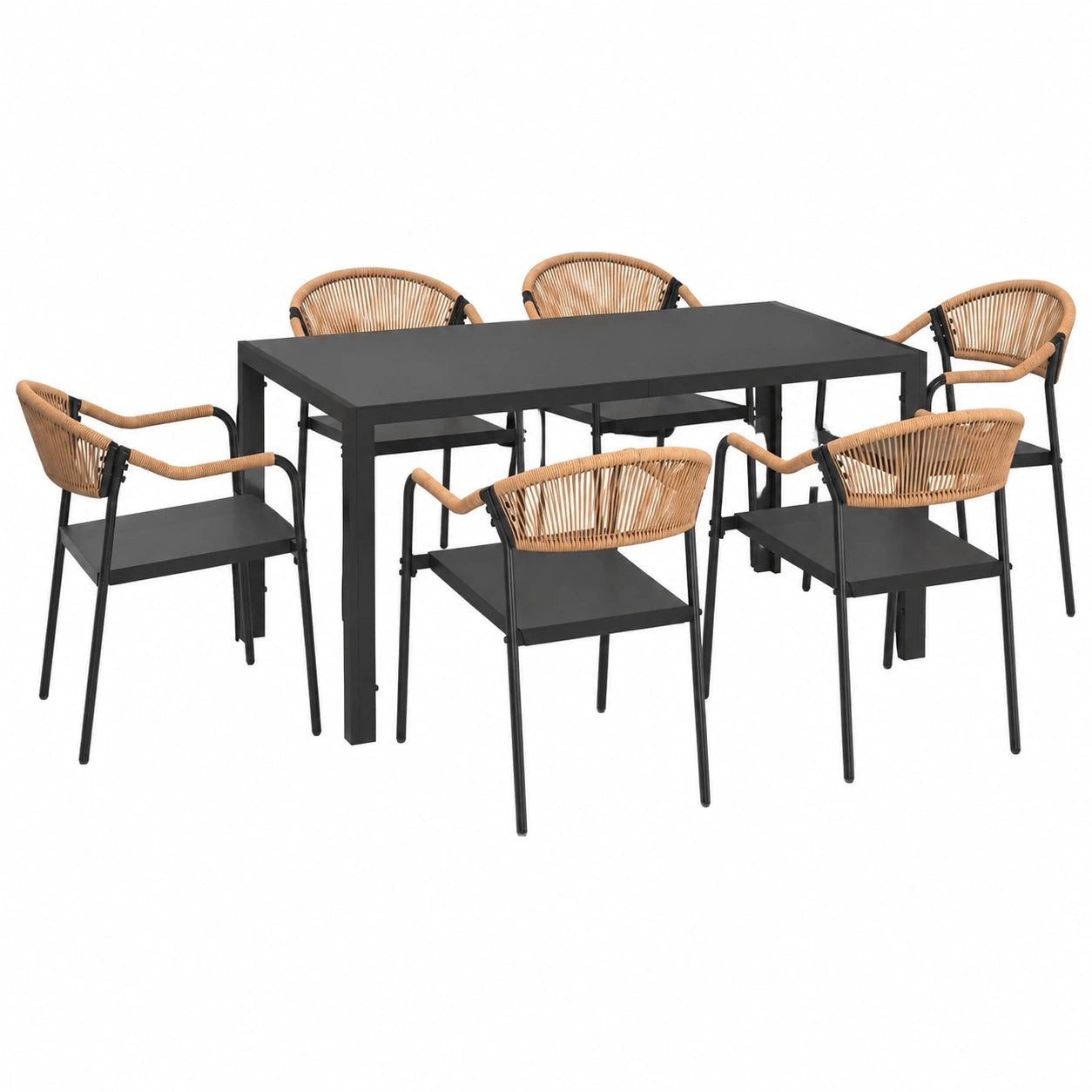 Salon de jardin, avec 6 chaises, en résine tressée, coloris noir, pour la terrasse ou le jardin