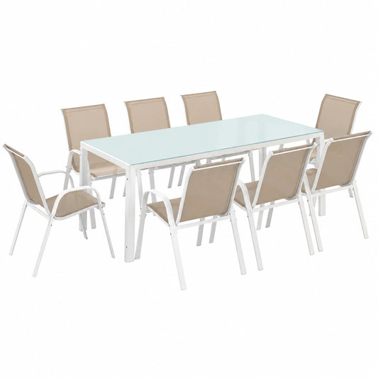 Salon de jardin, avec 8 chaises, coloris blanc et beige, pour la terrasse ou le jardin