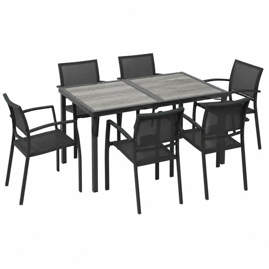Salon de jardin, 7 pièces, avec 6 chaises, en acier, coloris gris, pour la terrasse ou le jardin