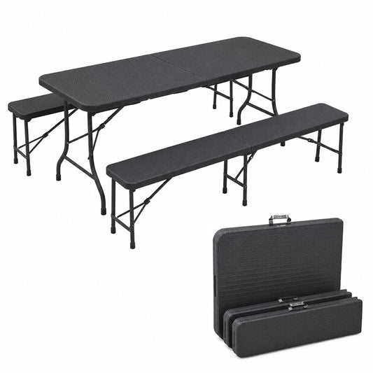 Table, pliable, en résine tressée, 8 places, coloris noir, pour les espaces de vie