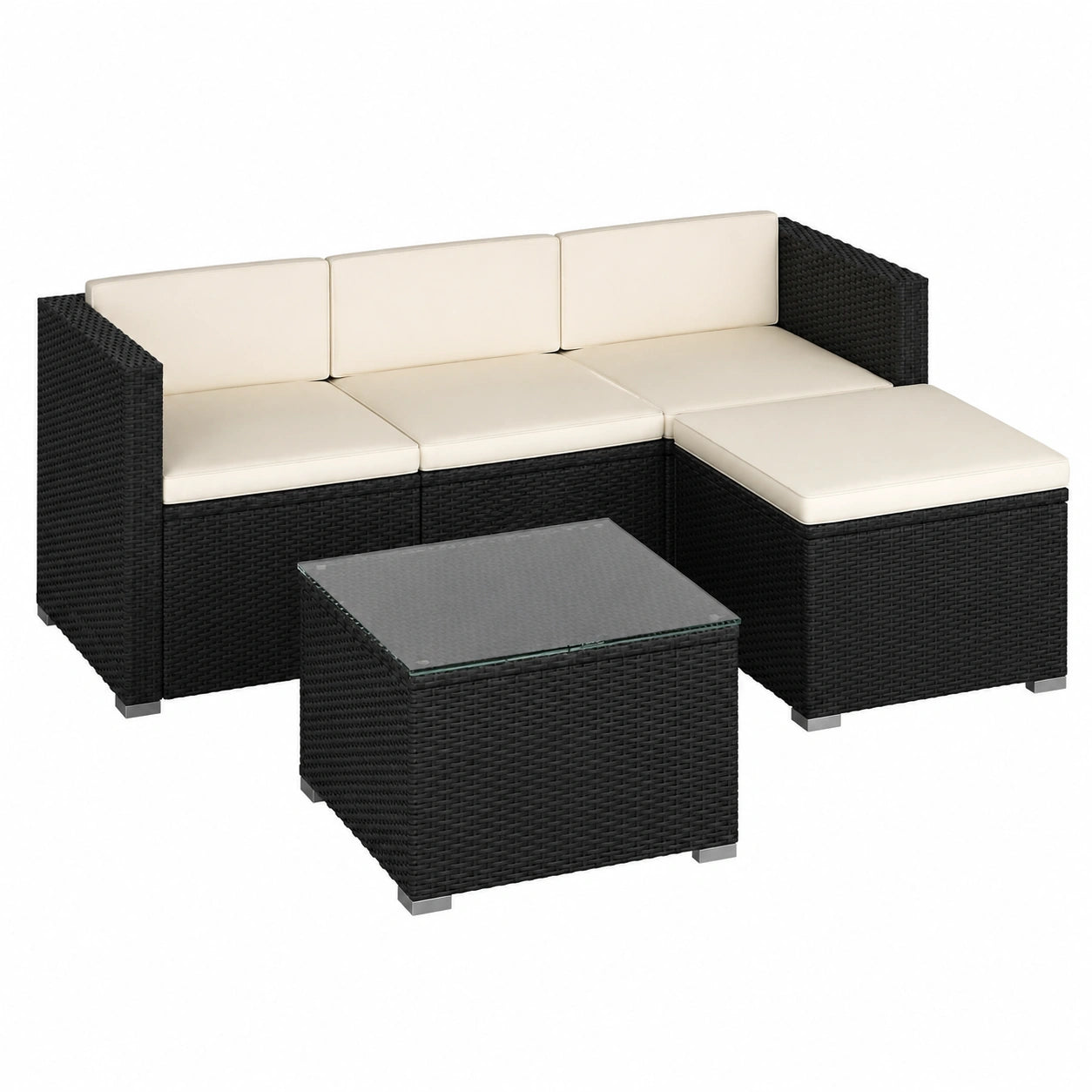 Salon de jardin, en résine tressée, modulable, coloris noir et beige, 4 places, pour la terrasse ou le jardin